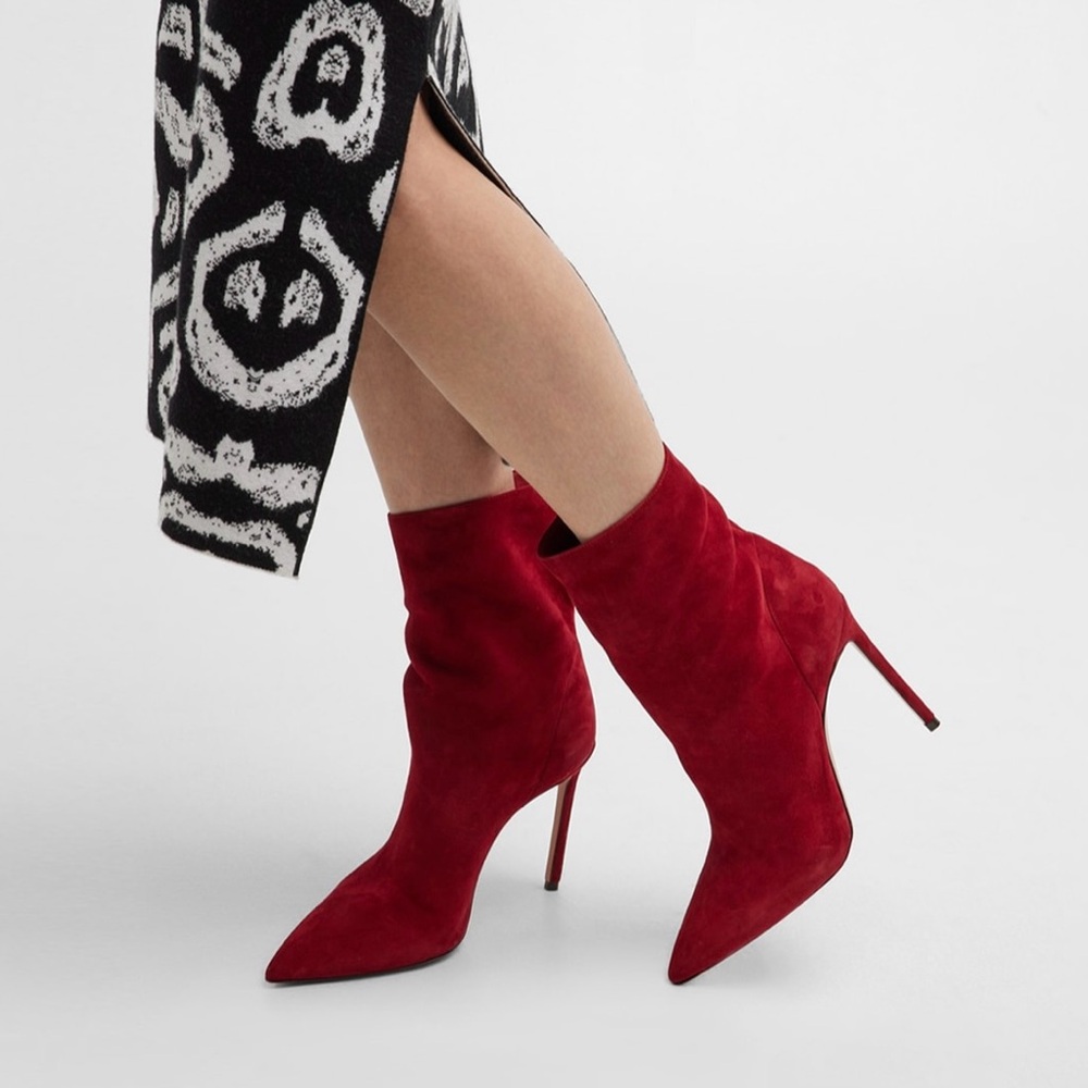 Aquazzura Matignon Suede Stiletto Booties - Cherry